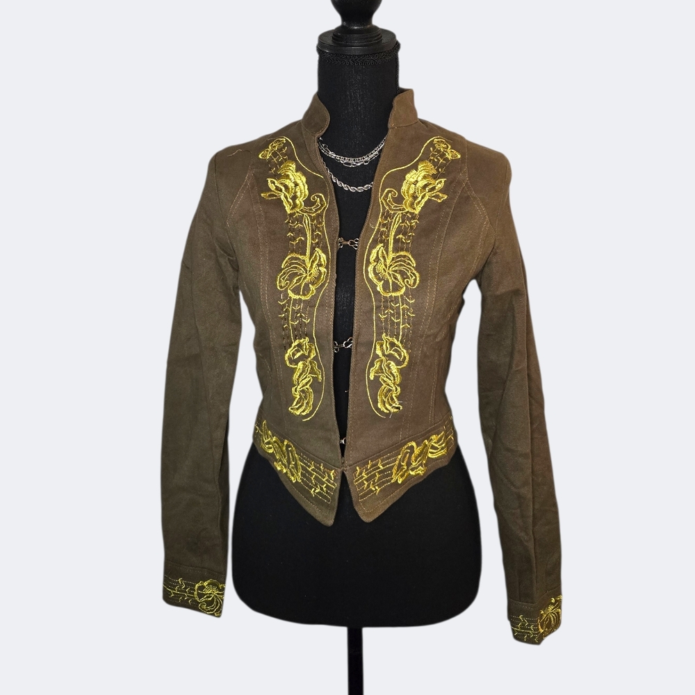 Olive Green Embroidered Military-Style Women's Blazer